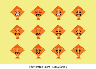 set of colorful kites with cartoon expressions with mustache funny vector illustration.