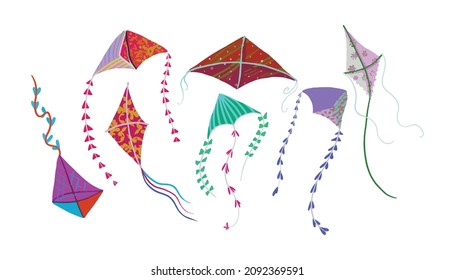 set of colorful kites in cartoon style