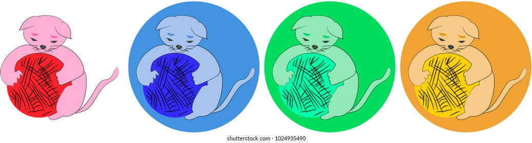 Set of colorful kitten icons with a ball of threads.