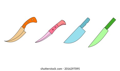 Set of colorful knife line art,doodle, for background, wallpaper, fabric, for your business. Use in kitchen. Isolate on white background. Vector illustration.