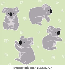 Set of colorful koalas on green background. Simple koala sketches.