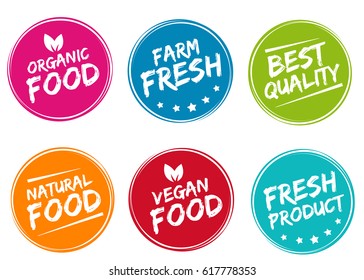 Set of colorful labels and badges for organic, natural, bio and eco friendly products isolated on white background. Eps10.