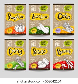 Set of colorful labels, sketch style, food, spices, cardboard texture. Pumpkin, zucchini, corn, celery, potato, beans. Vegetables, farm fresh. locally grown. Hand drawn vector illustration.