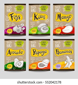 Set of colorful labels, sketch style, food, spices, cardboard texture. Figs, kiwi, mango, avocado, papaya, bananas. Fruit, vegan, naturally, fresh, eco. Hand drawn vector illustration.