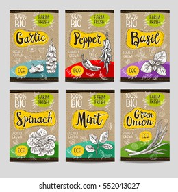 Set of colorful labels, sketch style, food, spices, cardboard texture. Garlic, pepper, basil, spinach, mint, green onion. Vegetables, farm fresh. locally grown. Hand drawn vector illustration.