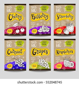 Set of colorful labels, sketch style, food, spices, cardboard texture. Cherry, bilberry, strawberry, currant, grapes, raspberries. Organic, fresh, bio, eco. Hand drawn vector illustration.