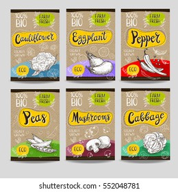 Set of colorful labels, sketch style, food, spices, cardboard texture. Cauliflower, eggplant, peas, mushrooms, pepper, cabbage. Vegetables, farm fresh. locally grown. Hand drawn vector illustration.