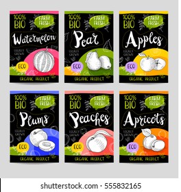 Set of colorful labels in sketch style, food, spices, black background. Watermelon, pear, apples, plums, peaches, apricots. Organic, farm fresh, bio, eco, fruits. Hand drawn vector illustration.