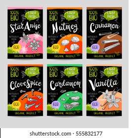 Set of colorful labels, sketch style, food, spices, black background. Cinnamon, vanilla, cardamom, star anise, nutmeg, clove. Spices, farm fresh, organic product. Hand drawn vector illustration.