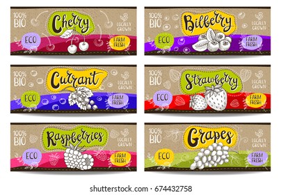 Set of colorful labels sketch style food spices, cardboard texture, horizontal. Cherry, bilberry, strawberry, currant, grapes, raspberries. Organic fresh bio eco. Hand drawn vector illustration