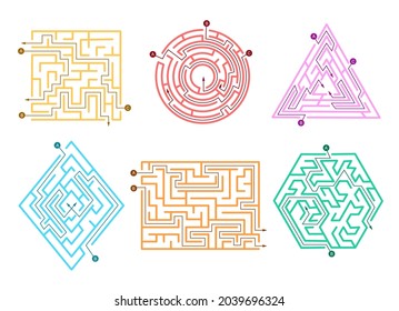 Set of colorful labyrinths cartoon vector illustration. Abstract puzzles, paths with wrong directions and exits. Riddle, game, maze, mystery, map concept for banner design or landing page