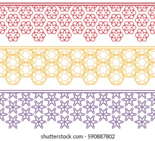 Set of colorful lace seamless borders, line patterns. Tribal ethnic arabic, indian, turkish decorative ornaments, fashion collection. Isolated elements for headline, banners, wedding invitation cards