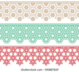Set of colorful lace seamless borders, line patterns. Tribal ethnic arabic, indian, turkish decorative ornaments, fashion collection. Isolated elements for headline, banners, wedding invitation cards
