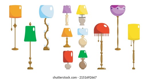 Set of colorful lamps in cartoon style. Vector illustration of designer table lamps of various shapes for home interiors on white background.