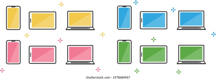 Set of the colorful laptop, tablet, and smartphone. Vector illustration isolated on white background.