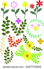 A set of colorful leaf and flower plants