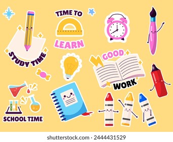 Set of colorful learning stickers in cartoon style. Vector illustrations of stickers for school: pencils, a ruler, an alarm clock, a brush, a lamp, a notebook, chemical flasks with inscriptions.