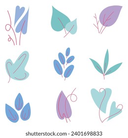 A set of colorful leaves. Abstract natural shapes. Vector isolated objects on white background.