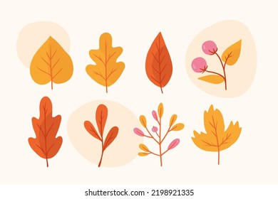 Set of colorful leaves and twigs. Autumn foliage. Leaf elements. Collection of botanical elements in flat color.