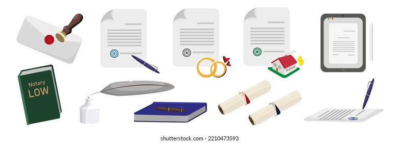 Set of colorful legal documents in cartoon style. Vector illustration of documents for the right of power, marriage certificate, papers for notary, laws on white background.