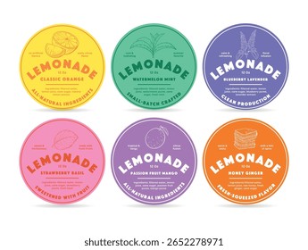A set of colorful lemonade labels highlighting flavors like classic orange, strawberry basil, and honey ginger.