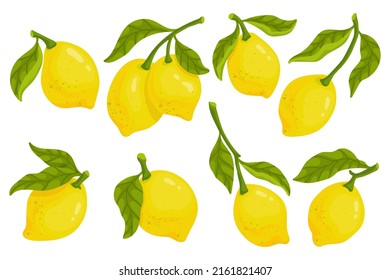 Set of colorful lemons with leaves.Cartoon vector graphic.