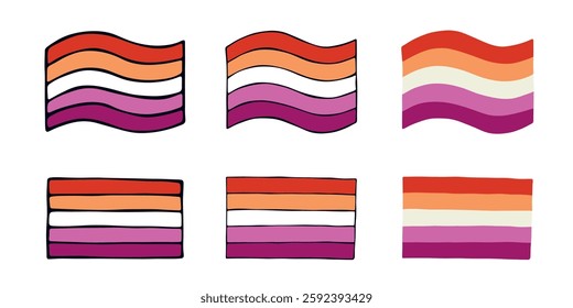 Set of colorful Lesbian pride flag Happy pride day LGBTQIA community Pride Month Vector hand drawn doodle for posters, stickers, logo, cards