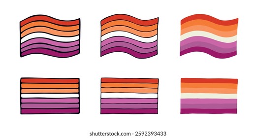 Set of colorful Lesbian pride flag Happy pride day LGBTQIA community Pride Month Vector hand drawn doodle for posters, stickers, logo, cards