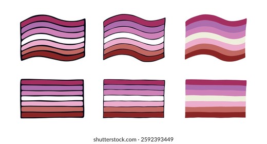 Set of colorful Lesbian pride flag Happy pride day LGBTQIA community Pride Month Vector hand drawn doodle for posters, stickers, logo, cards