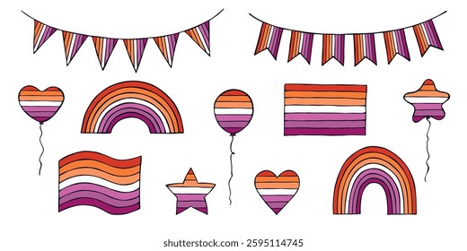 Set of colorful Lesbian pride flag Happy pride day LGBTQIA community Pride Month Vector hand drawn doodle for posters, stickers, logo, cards