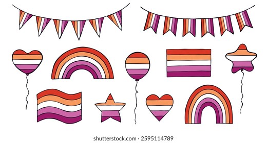 Set of colorful Lesbian pride flag Happy pride day LGBTQIA community Pride Month Vector hand drawn doodle for posters, stickers, logo, cards