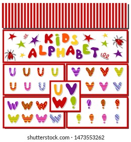 Set of colorful letters of the English alphabet.U,V,W,!Vector illustration in cartoon style. For school projects, comics, scrapbooking,cards, invitations.