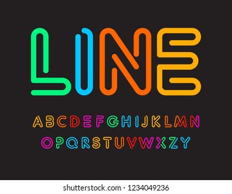 Set of colorful letters. Font from color line. Art alphabet. Simple maze typeset. Vector type on black background.