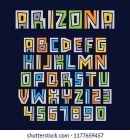 Set of colorful letters and numbers. Vector graphic alphabet symbols in geometric style. Design template elements.