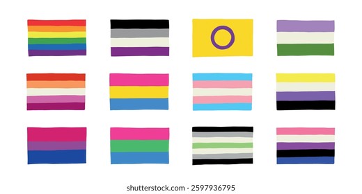 Set of colorful LGBTQ+ pride flags Gender equality and sexual identity pride flags collection LGBTQIA community pride month 