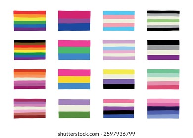 Set of colorful LGBTQ+ pride flags Gender equality and sexual identity pride flags collection LGBTQIA community pride month