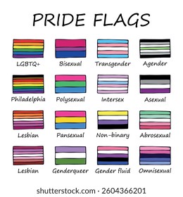 Set of colorful LGBTQ+ pride flags Gender equality and sexual identity pride flags collection LGBTQIA community pride month