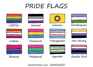 Set of colorful LGBTQ+ pride flags Gender equality and sexual identity pride flags collection LGBTQIA community pride month