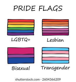 Set of colorful LGBTQ+ pride flags Gender equality and sexual identity pride flags collection LGBTQIA community pride month