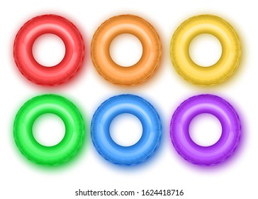 Set of colorful lifebuoys of bright and colorful colors isolated on white background, Realistic Detailed 3d Color Inflatable Swim Rings Set for Safety Swimming and Rescue in Water Vector eps 10