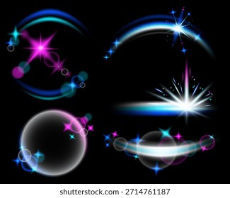 Conjunto de efeitos de luz coloridos com brilho e coleção de vetor realista mais brilhante
