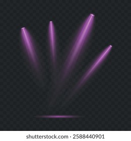 Set of colorful light spotlights isolated on black background. Vector glowing light effect with transparent rays. 