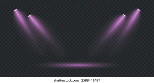 Set of colorful light spotlights isolated on black background. Vector glowing light effect with transparent rays. 