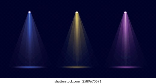 Set of colorful light spotlights isolated on black background. Vector glowing light effect with transparent rays.