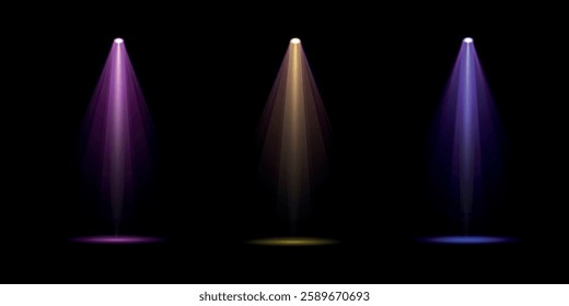 Set of colorful light spotlights isolated on black background. Vector glowing light effect with transparent rays.