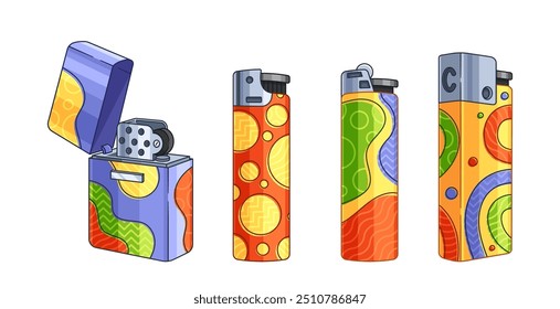 Conjunto De Isqueiros Coloridos Exibindo Desenhos Exclusivos E Artísticos Na Moda, Apresentam Cores Vibrantes Com Padrões