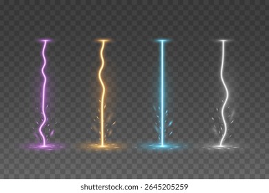 Set of colorful lightning energy effects on a transparent background. Glowing energy bolt with sparkles on impact. Graphic element for weather visual effects. Vector illustration.