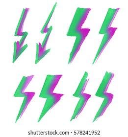 Set of colorful lightning icons. Artistic symbols of thunderbolt