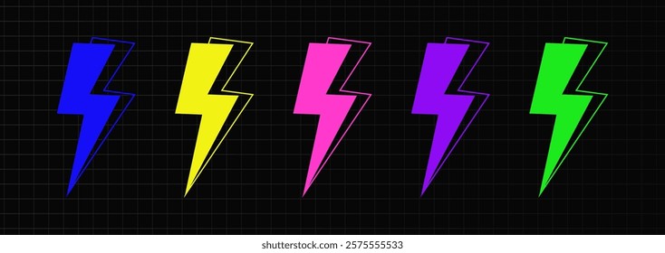 Set of colorful lightning. Vector illustration of cartoon lightning bolts isolated on black background.