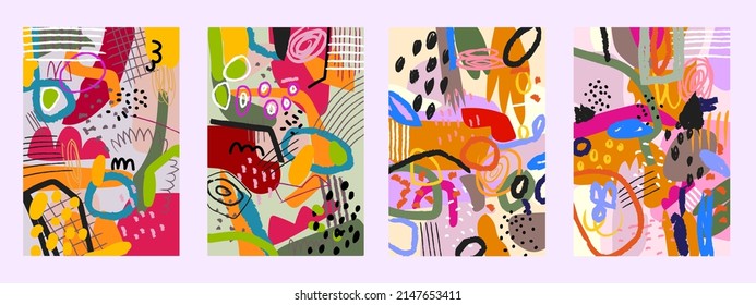 A set of colorful line art, geometric  hand drawing abstract backgrounds vector. Pastel color,with various shapes and line object. Modern fashion.